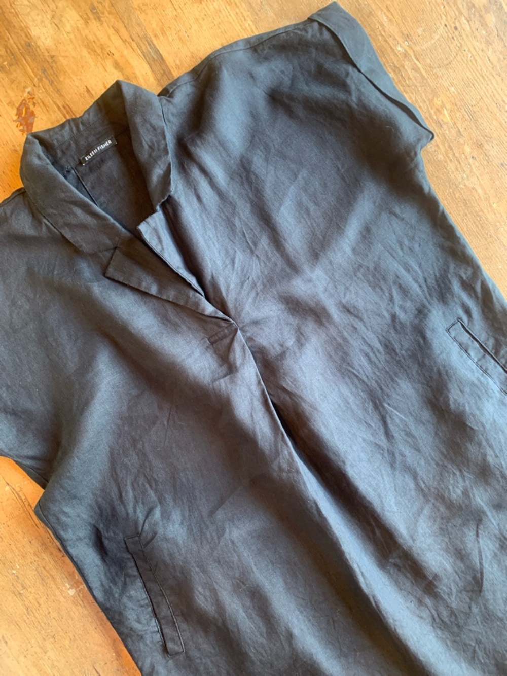 Eileen Fisher Black Short-Sleeve Linen  Button Down Dress - Picture 16 of 16